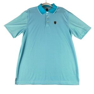 Faldo Claret & Green Men's Size Large Aqua Striped Short Sleeve Golf Polo Shirt